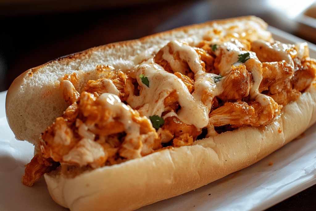 A bite-shot of a Buffalo Chicken Cheesesteak.