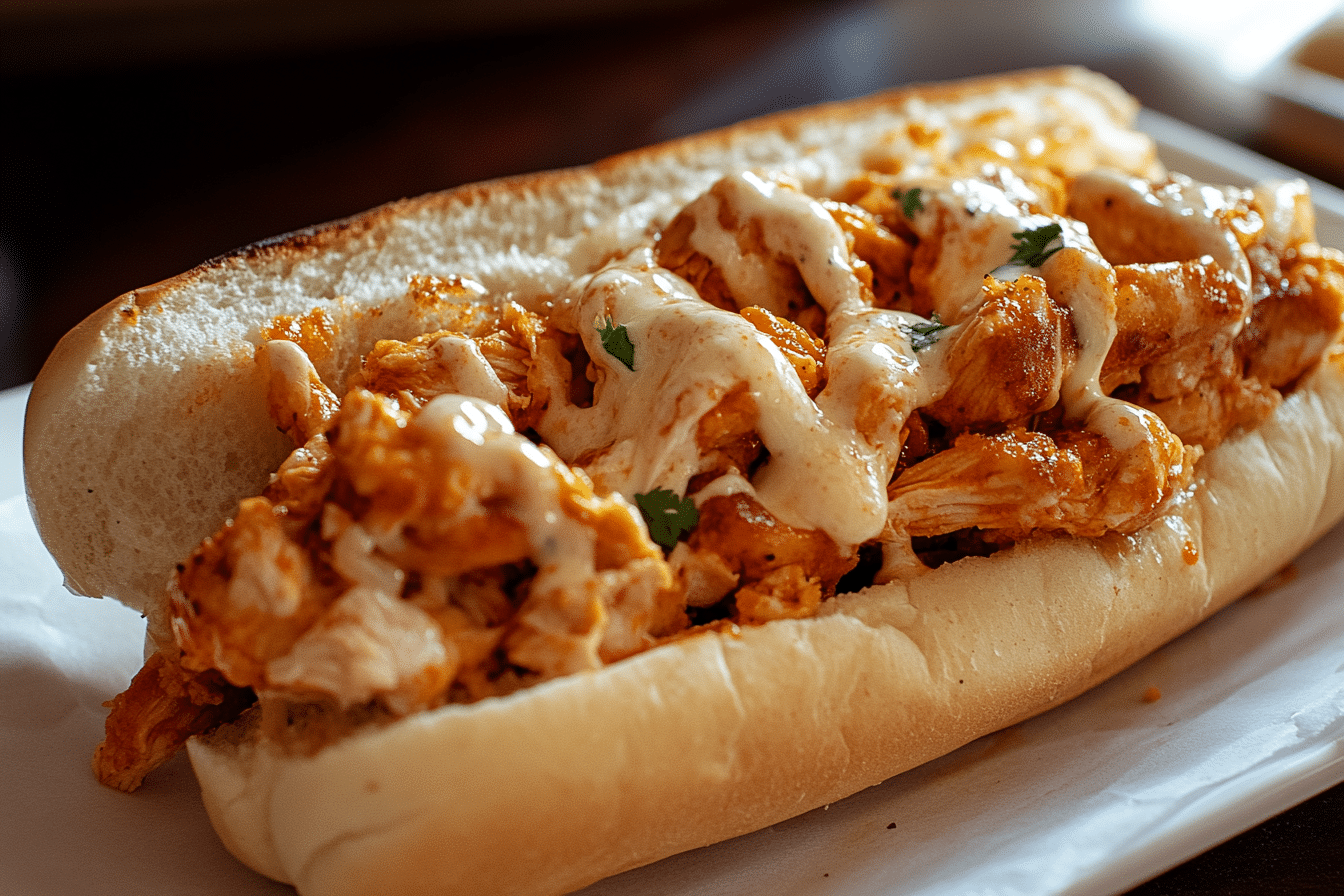 A bite-shot of a Buffalo Chicken Cheesesteak.