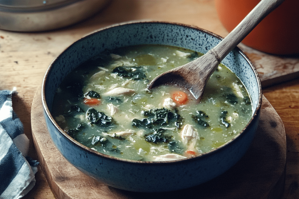 A warm and comforting bowl of Chicken Escarole Soup filled with tender shredded chicken, vibrant green escarole, and rich golden broth.