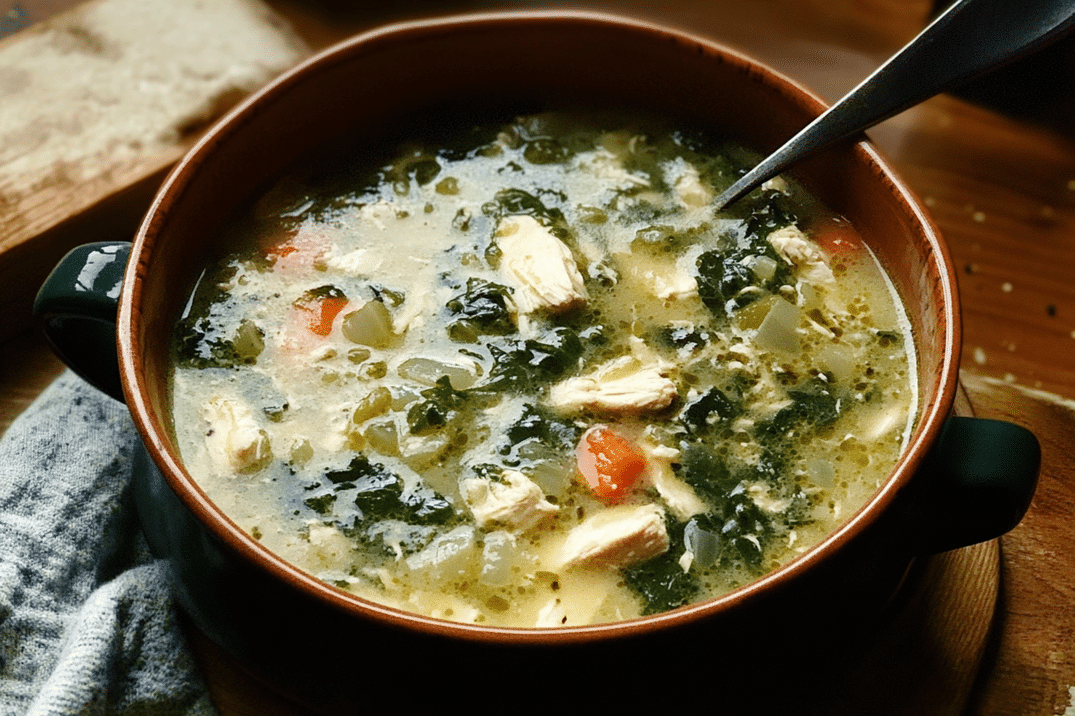 A pot of simmering Chicken Escarole Soup .