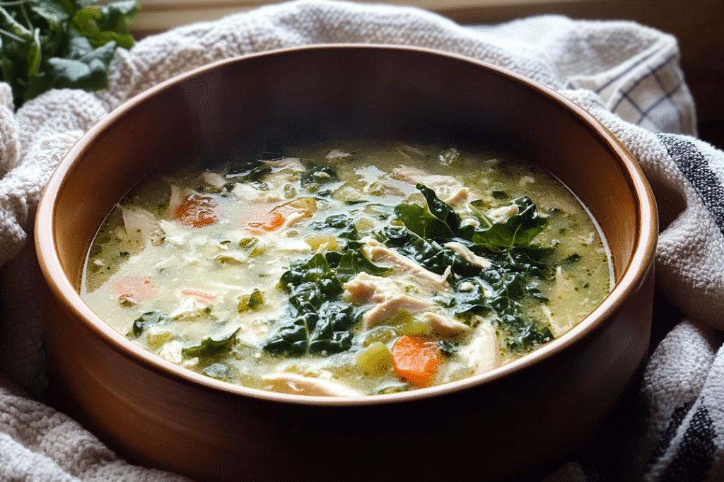 A hearty Chicken Escarole Soup showcasing shredded chicken, wilted escarole.