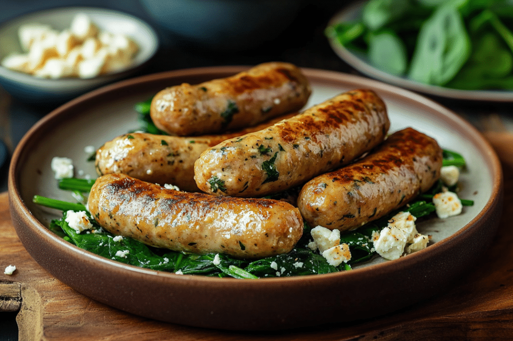 Golden-brown Chicken Feta Spinach Sausage patties served on a plate.