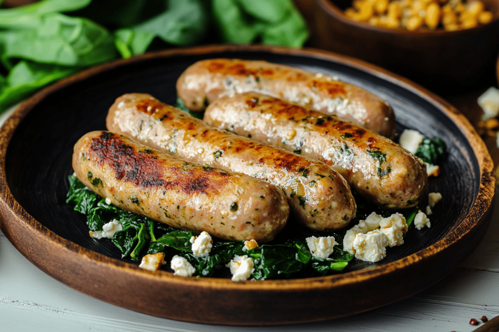 A mixing bowl filled with ground chicken, chopped spinach, and crumbled feta cheese.