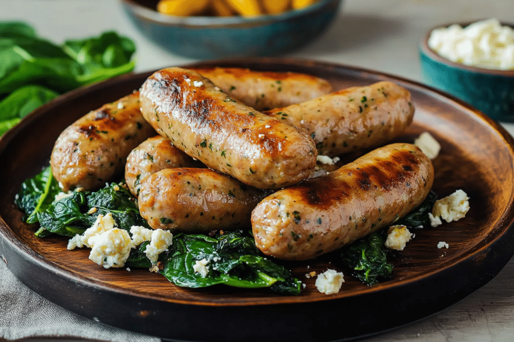 A close-up of a sliced Chicken Feta Spinach Sausage.