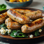 A close-up of a sliced Chicken Feta Spinach Sausage.