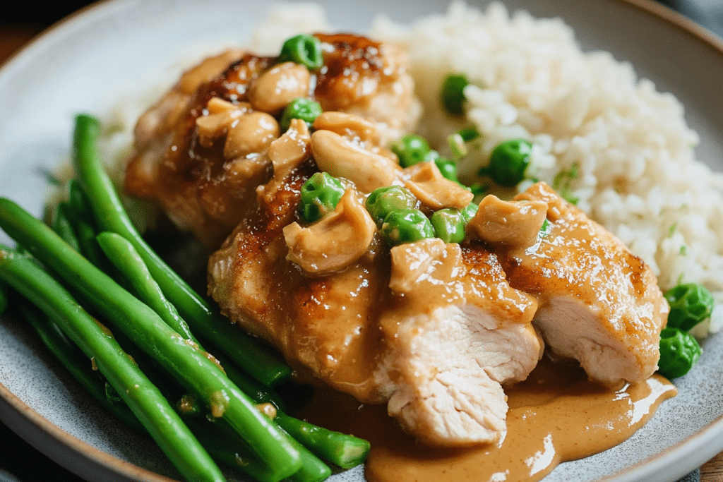 A plate of creamy peanut butter chicken garnished with fresh cilantro and crushed peanuts, served over steamed jasmine rice.