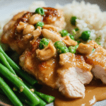 A plate of creamy peanut butter chicken garnished with fresh cilantro and crushed peanuts, served over steamed jasmine rice.