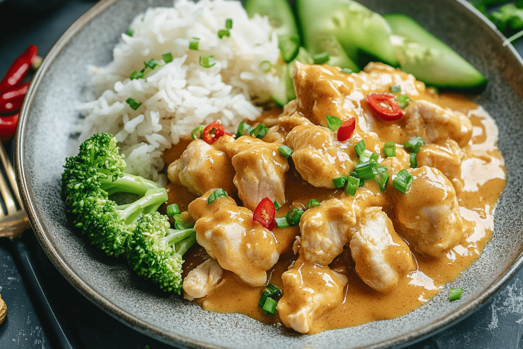 Golden-brown chicken simmering in a rich, velvety peanut butter sauce with hints of garlic and ginger, bubbling away in a skillet, ready to be served.