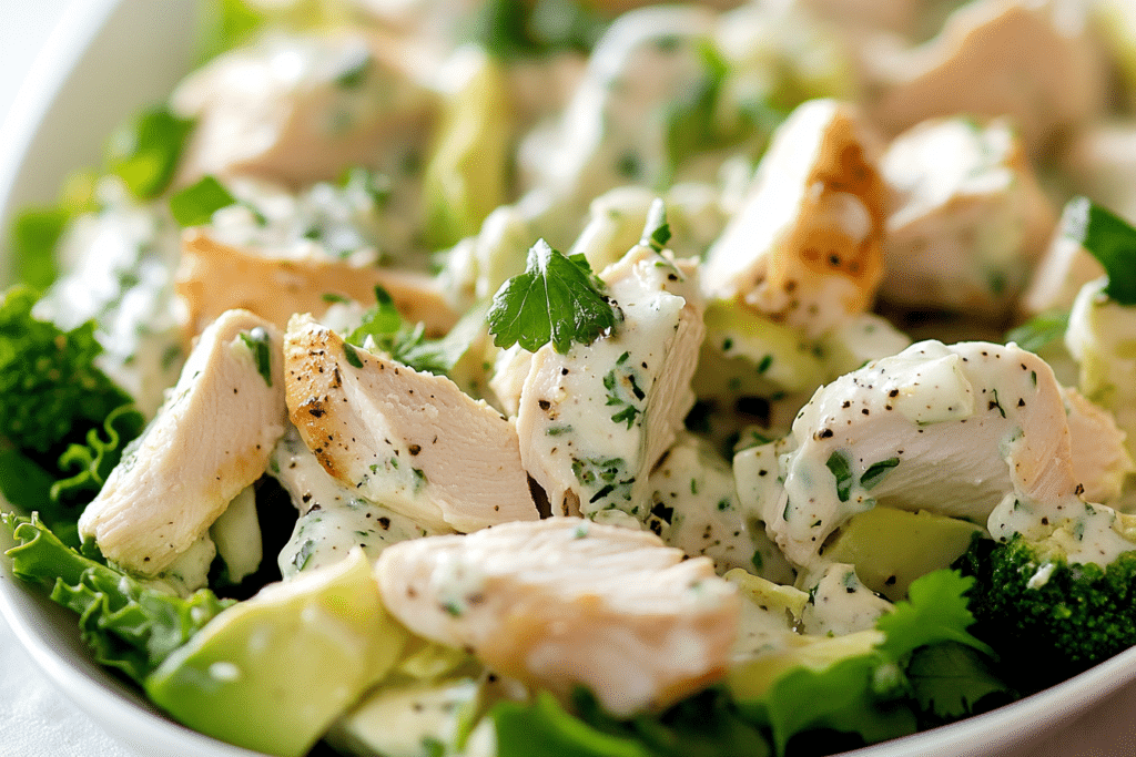 A bowl of Chunky Chicken Salad made with tender pieces of chicken.