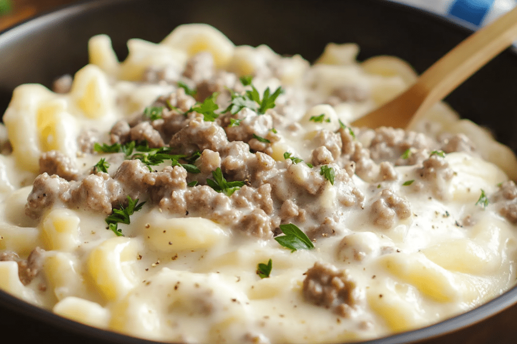 A sizzling skillet filled with browned ground beef, seasoned with garlic and herbs.