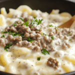 A sizzling skillet filled with browned ground beef, seasoned with garlic and herbs.