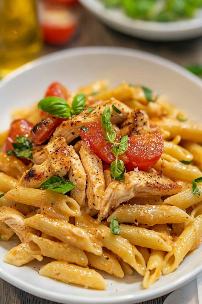 Perfectly grilled chicken breast with firebirds pasta