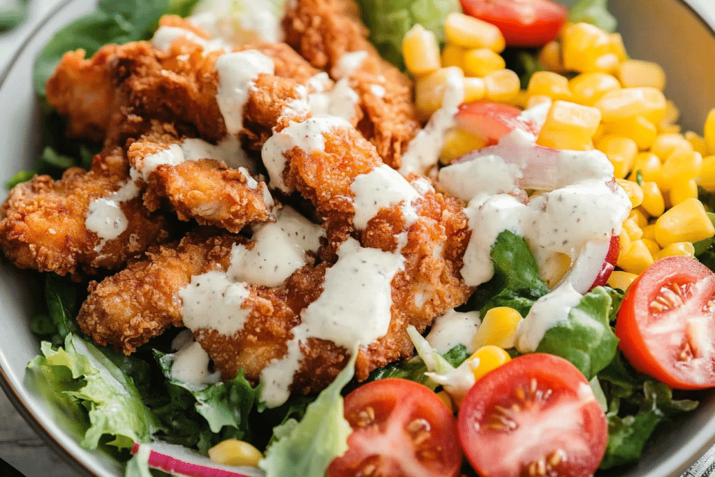 Close-up of crispy fried chicken pieces resting on a vibrant salad.