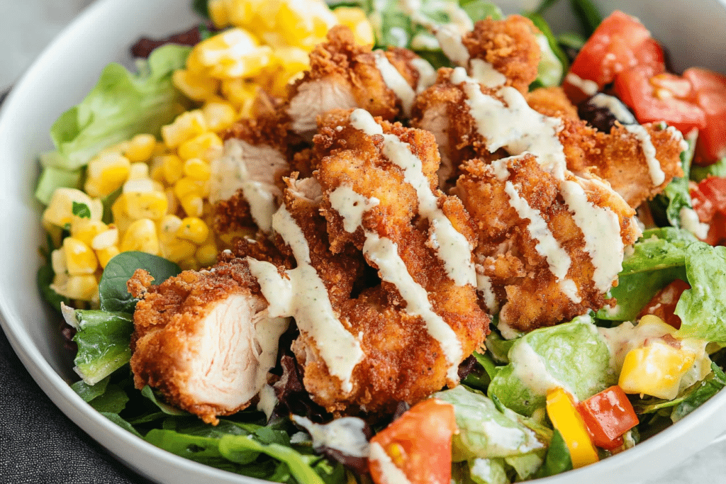 A fresh and colorful Fried Chicken Salad served in a bowl.