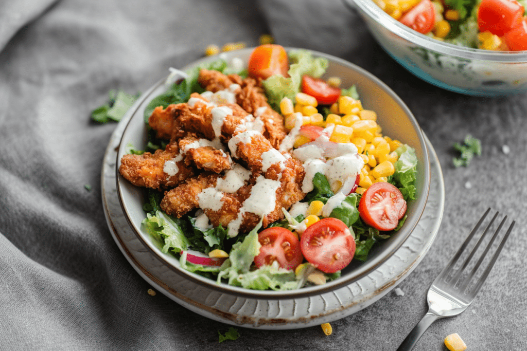 A beautifully plated Southern-style Fried Chicken Salad with thick, crispy chicken tenders.