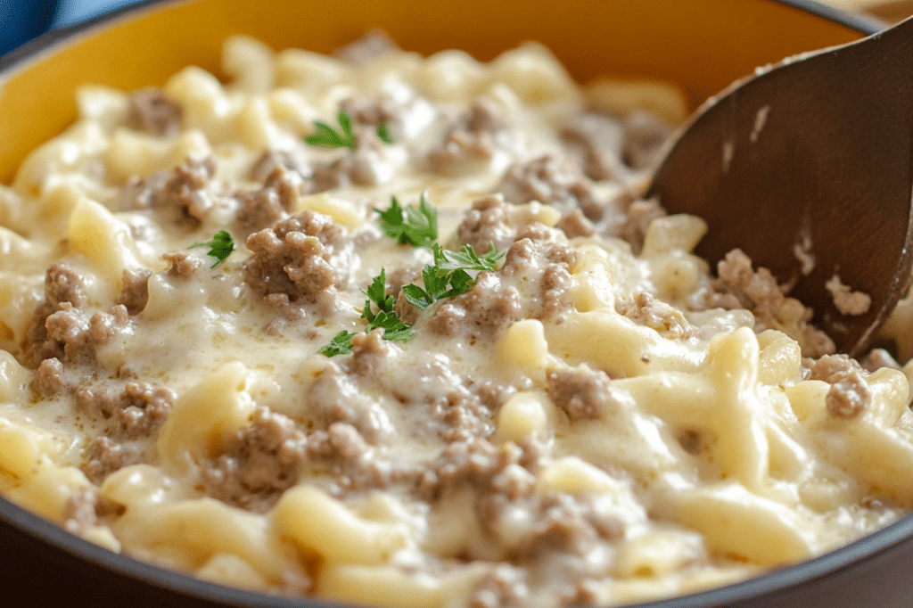 A comforting bowl of Ground Beef and Alfredo