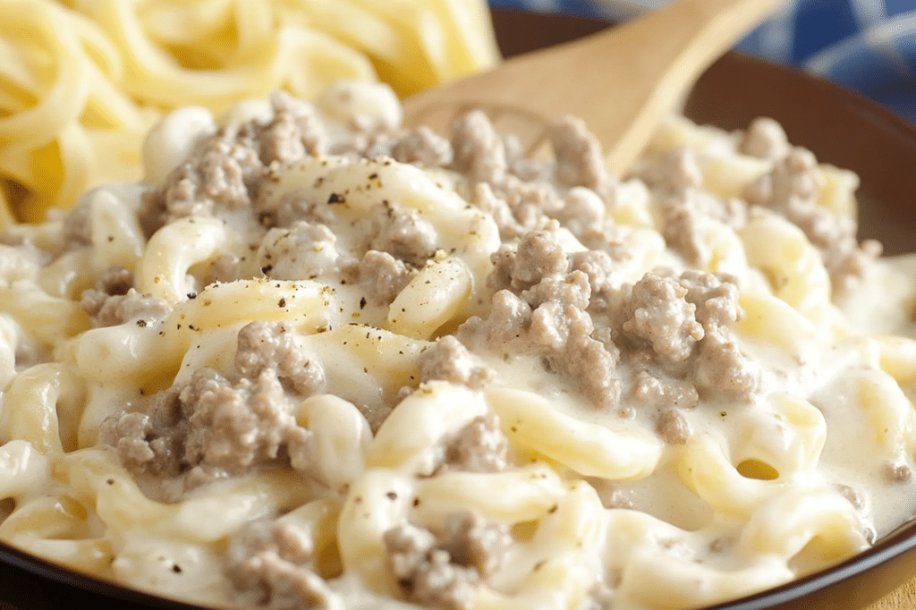 A delicious plate of Ground Beef Alfredo pasta