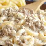 A delicious plate of Ground Beef Alfredo pasta