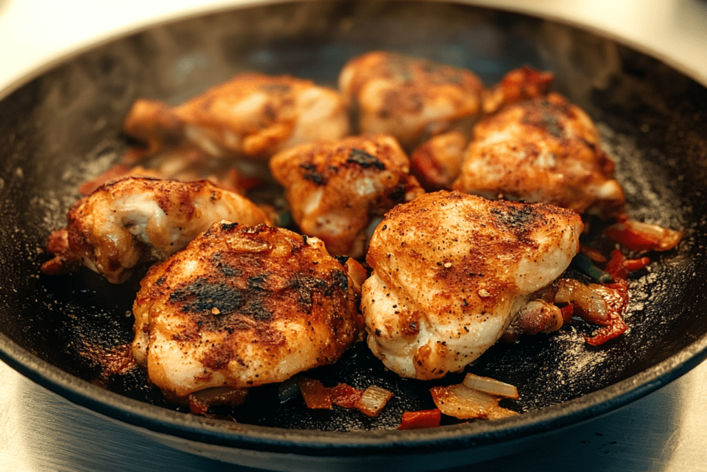 A sizzling plate of Kickin' Chicken, grilled to perfection with a smoky, golden-brown crust.