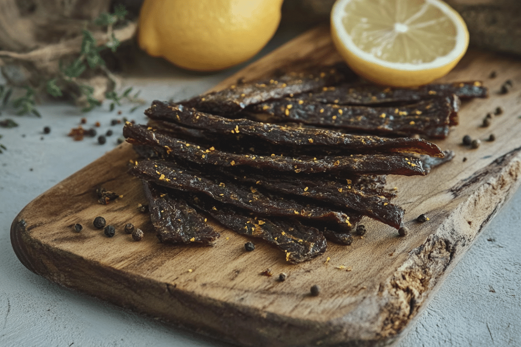 Thin, perfectly dried Lemon Pepper Beef Jerky slices