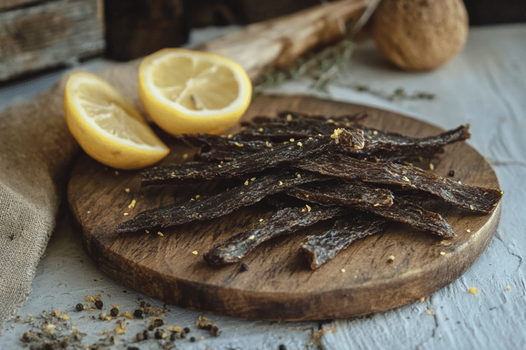 A close-up of Lemon Pepper Beef Jerky strips on a wooden board