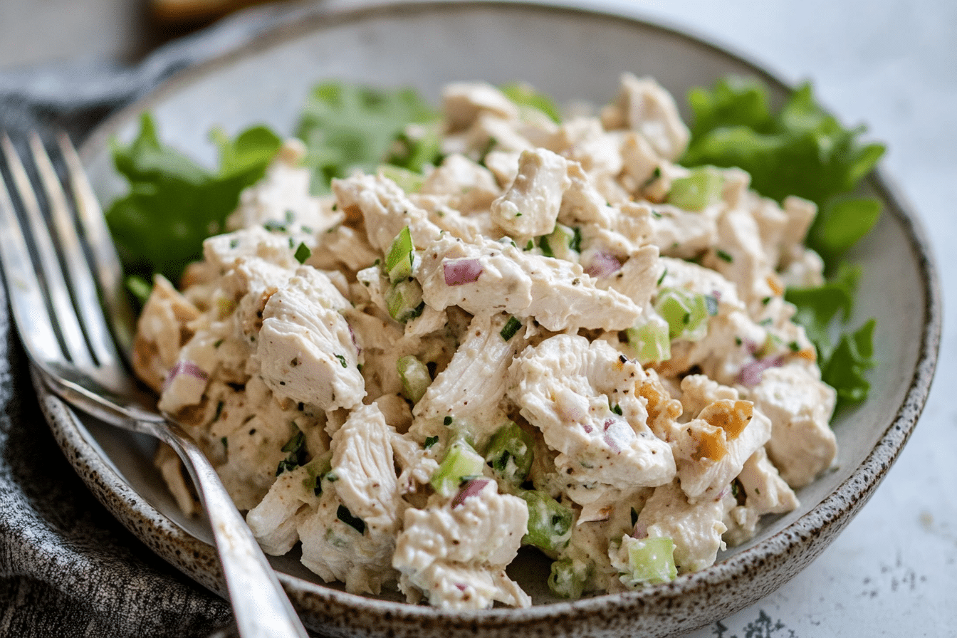 A bowl of Plain Chicken Salad made with shredded chicken, creamy mayonnaise.