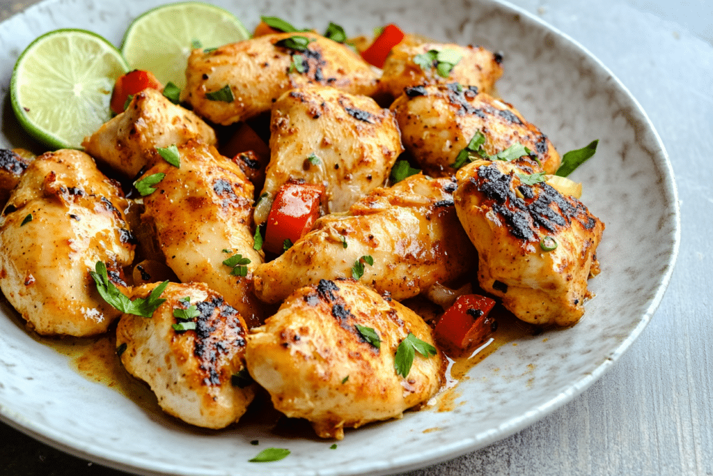 A plate of golden-brown Kickin’ Chicken, perfectly seasoned with a smoky, spicy crust.