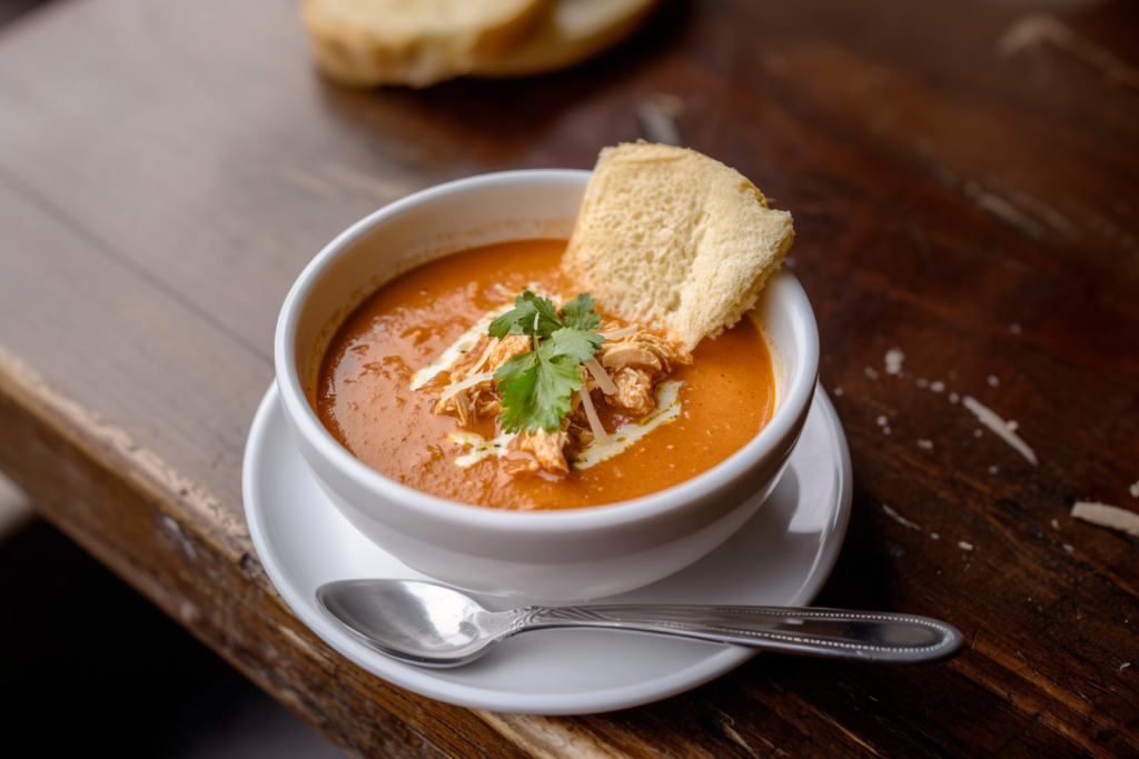 A warm bowl of smoky chicken tomato bisque, topped with fresh cilantro and crispy tortilla strips.