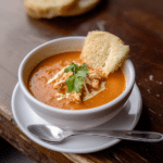 A warm bowl of smoky chicken tomato bisque, topped with fresh cilantro and crispy tortilla strips.