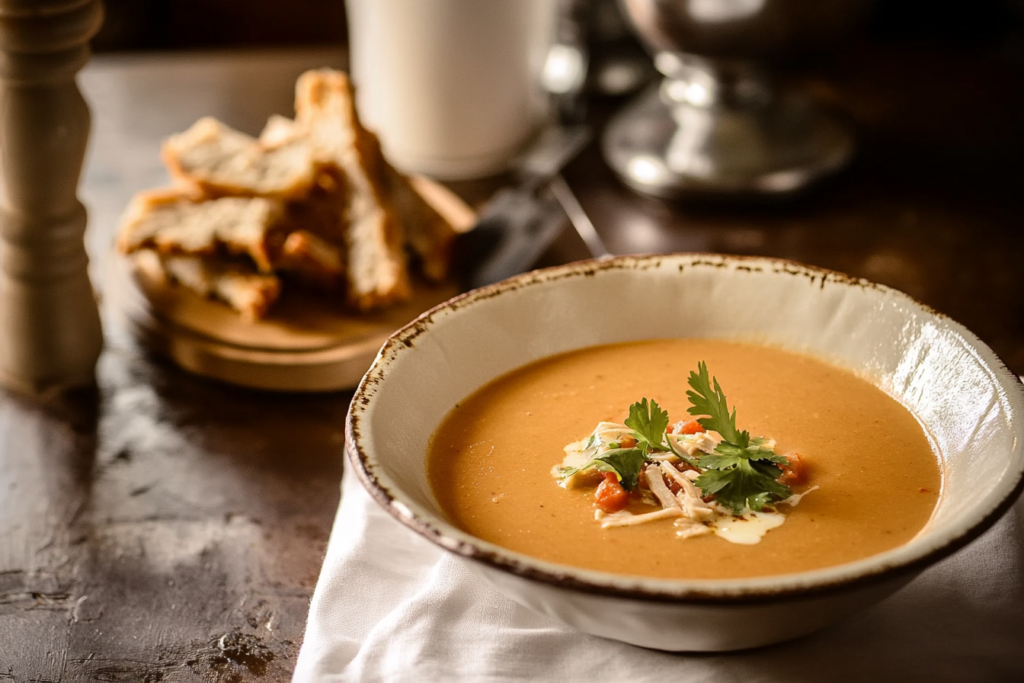 A ladle pouring rich, velvety smoky chicken tomato bisque into a bowl, showcasing its deep red color and creamy texture.