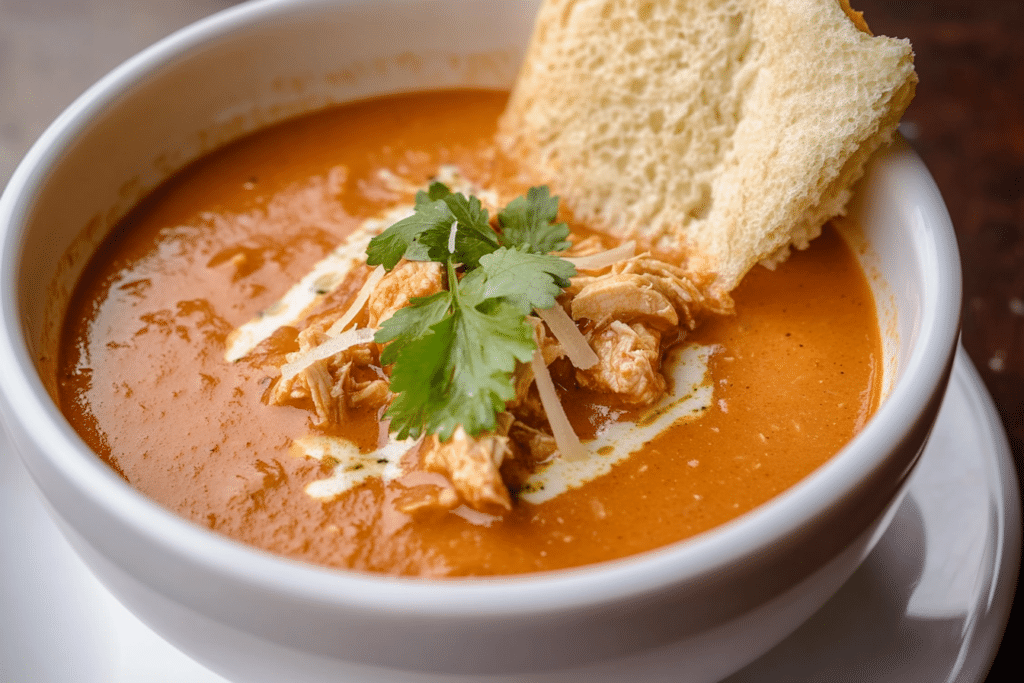 A close-up of a spoonful of smoky chicken tomato bisque recipe