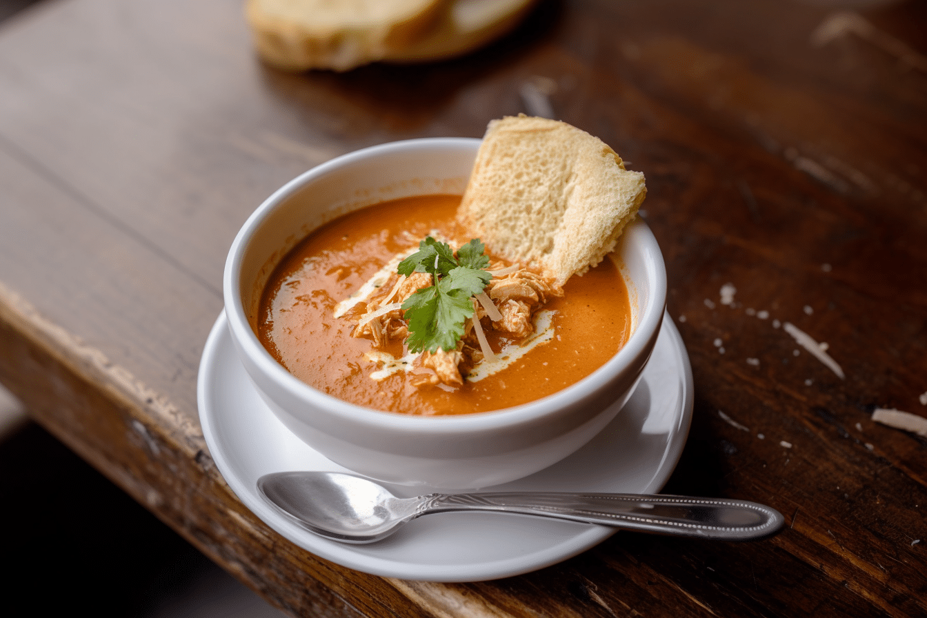 A warm bowl of smoky chicken tomato bisque, topped with fresh cilantro and crispy tortilla strips.