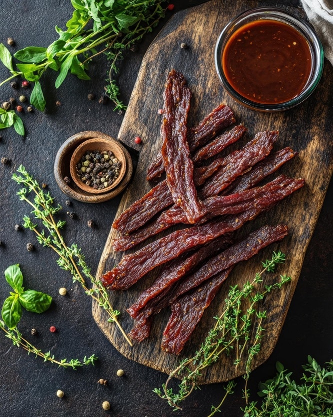 A wooden board displays strips of jerky alongside herbs and a dipping sauce