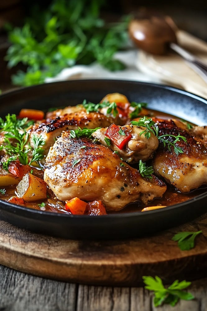 A sizzling cast-iron skillet with pan-seared Galena Chicken