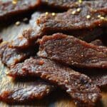 A pile of homemade beef jerky strips with a deep brown color