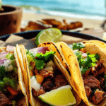 Juicy, grilled carne asada tacos served on warm corn tortillas, topped with fresh cilantro, diced onions, and a squeeze of lime – the perfect bite of Mexican street food!