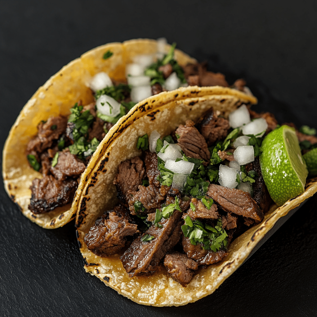 A delicious taco platter featuring carne asada tacos with vibrant toppings