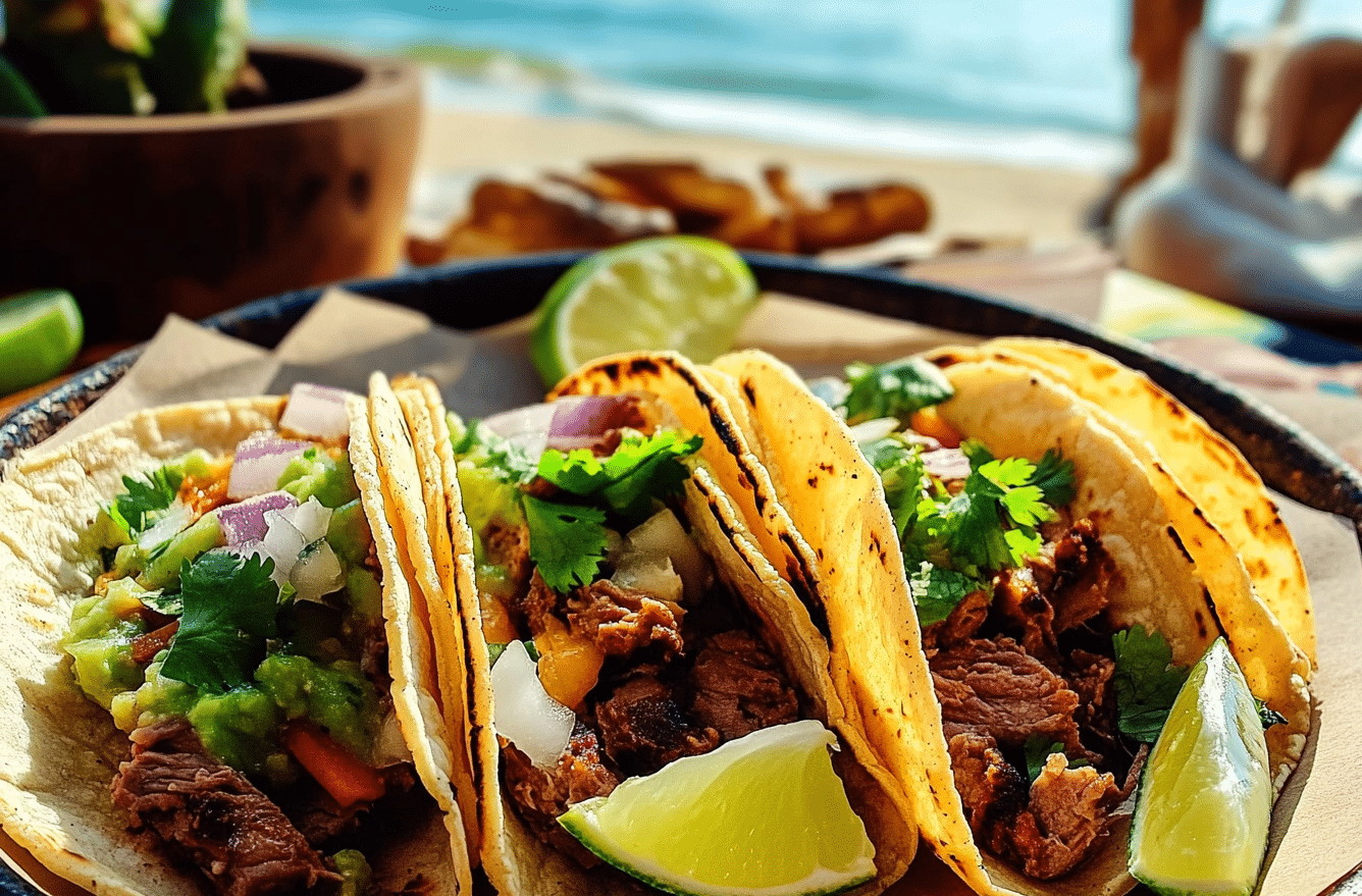 Juicy, grilled carne asada tacos served on warm corn tortillas, topped with fresh cilantro, diced onions, and a squeeze of lime – the perfect bite of Mexican street food!