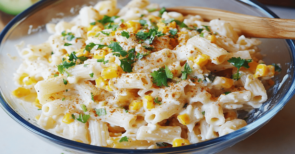 Close-up of a vibrant elote pasta salad