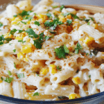 Close-up of a vibrant elote pasta salad