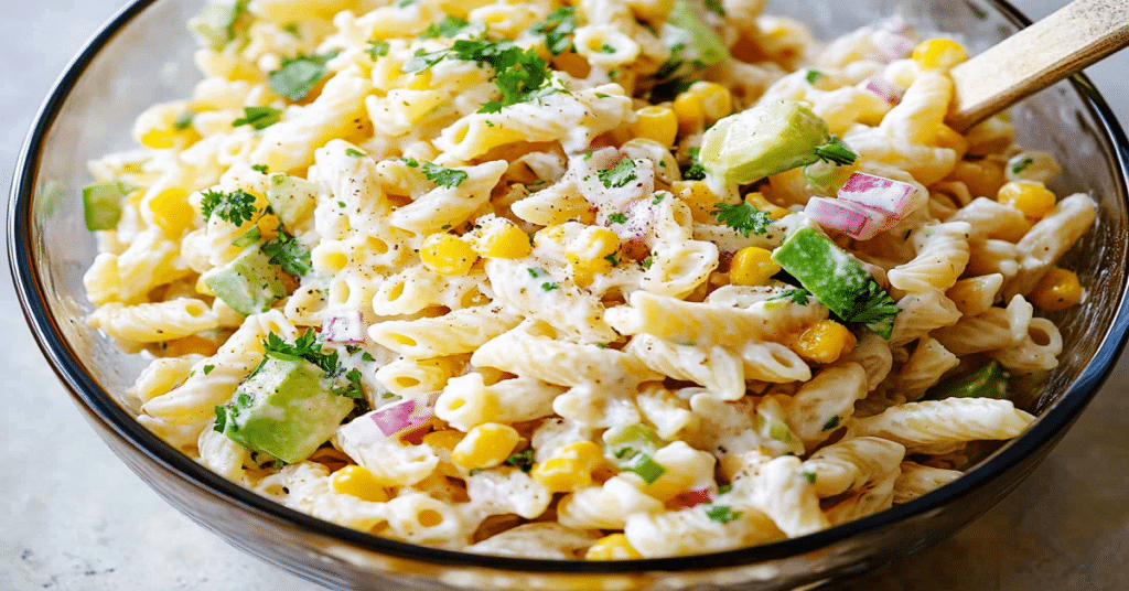 Top view of elote pasta salad