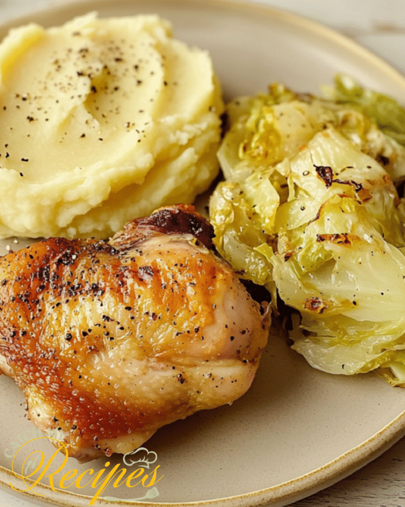 Budget-Friendly Chicken Thigh and Cabbage Recipe 2 Close-up of a dinner plate featuring roasted chicken thigh, mashed potatoes, and cabbage.