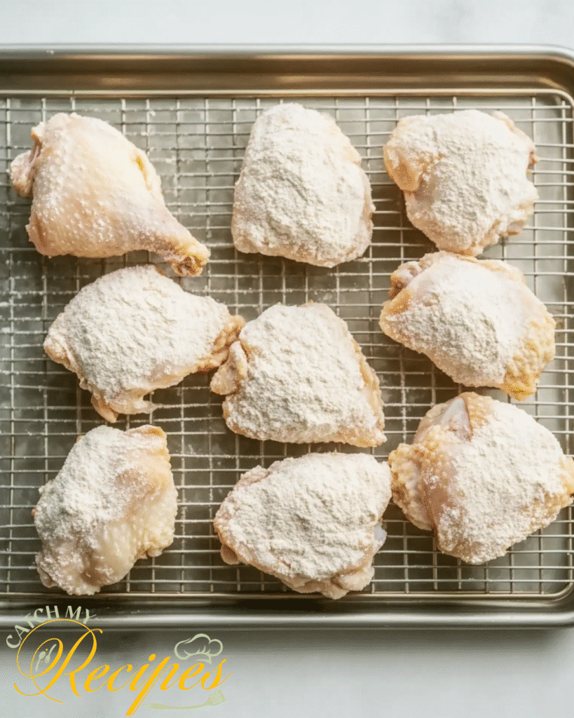 Buttermilk Chicken Thighs Recipe: Crispy Fried Option 4 Raw chicken pieces coated in flour on a wire rack over a baking sheet.