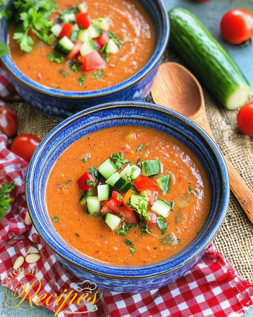 10 Easy Recipes to Make During a Power Outage (No Cooking Needed) 11 Bowls of gazpacho soup topped with diced cucumber, tomatoes, and fresh herbs, served with a red checkered napkin