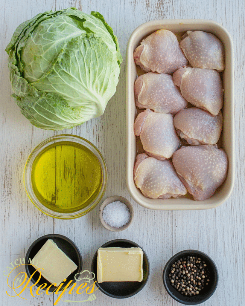 Budget-Friendly Chicken Thigh and Cabbage Recipe 3 Raw ingredients for a chicken thigh and cabbage recipe including cabbage, chicken thighs, olive oil, butter, salt, and pepper.