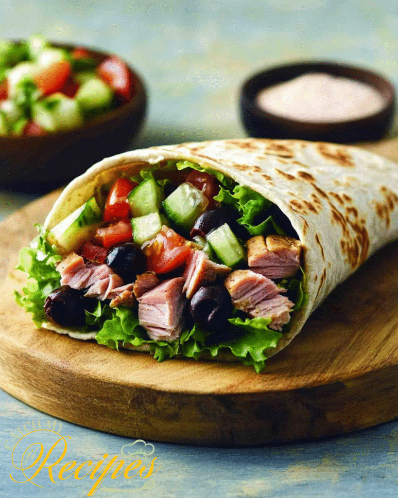 10 Easy Recipes to Make During a Power Outage (No Cooking Needed) 2 Grilled tuna wrap with lettuce, cucumber, tomatoes, and black olives on a wooden board