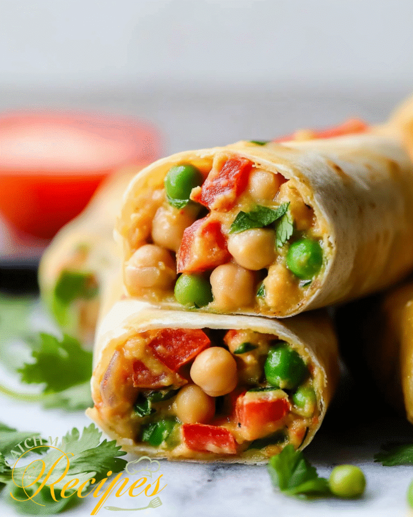 10 Easy Recipes to Make During a Power Outage (No Cooking Needed) 4 Close-up of vegetable wraps filled with chickpeas, peas, red peppers, and herbs