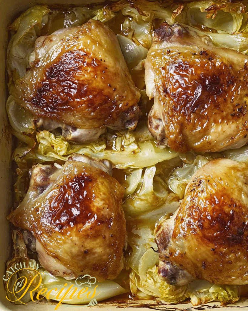 Budget-Friendly Chicken Thigh and Cabbage Recipe 4 Roasted chicken thighs baked over a bed of cabbage in a baking dish
