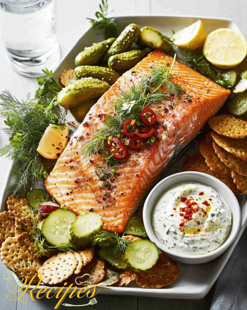 10 Easy Recipes to Make During a Power Outage (No Cooking Needed) 5 salmon fillet served with pickles, cucumber slices, crackers, fresh herbs.