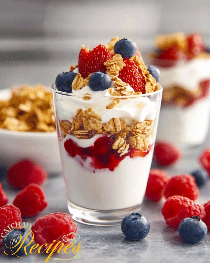 10 Easy Recipes to Make During a Power Outage (No Cooking Needed) 7 Glass of yogurt parfait layered with granola, strawberries, blueberries, and raspberry sauce